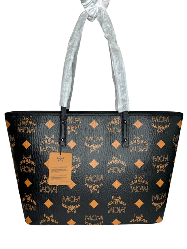 MCM Black Visetos Monogram Aren Shoulder Tote (Full Set/Never Used)