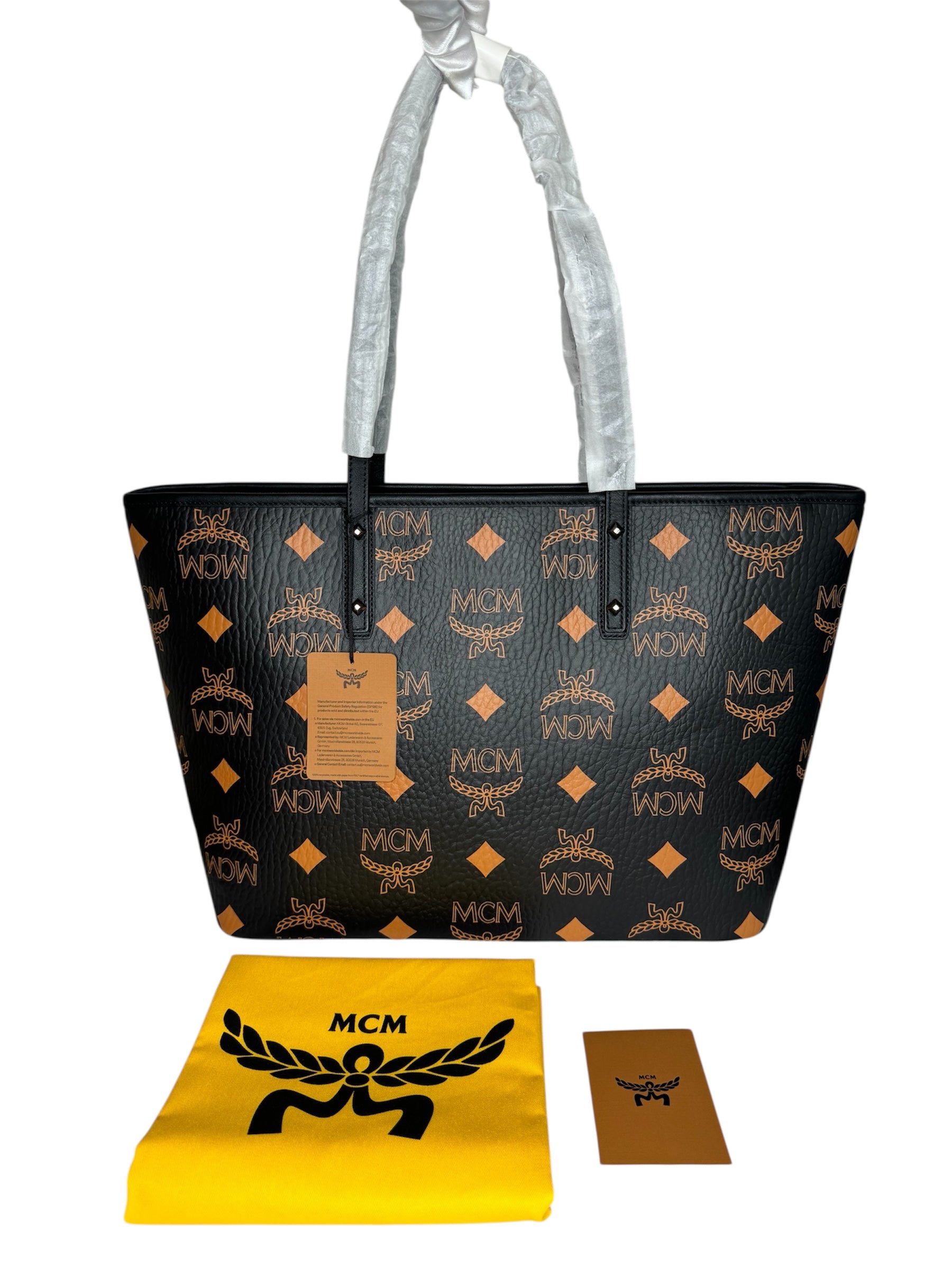 MCM Black Visetos Monogram Aren Shoulder Tote (Full Set/Never Used)