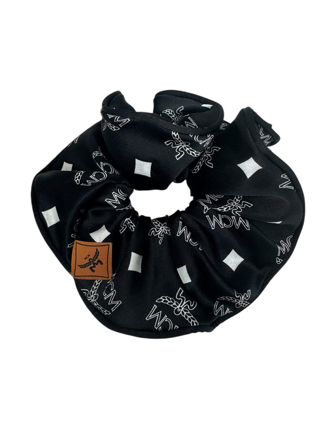 MCM Black Visetos Monogram Print Silk Hair Scrunchie (Full Set/Never Used)