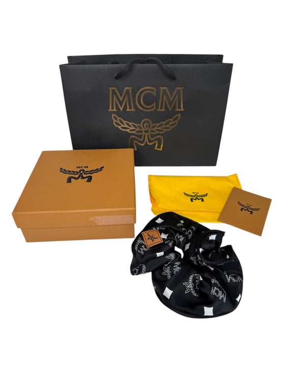 MCM Black Visetos Monogram Print Silk Hair Scrunchie (Full Set/Never Used)