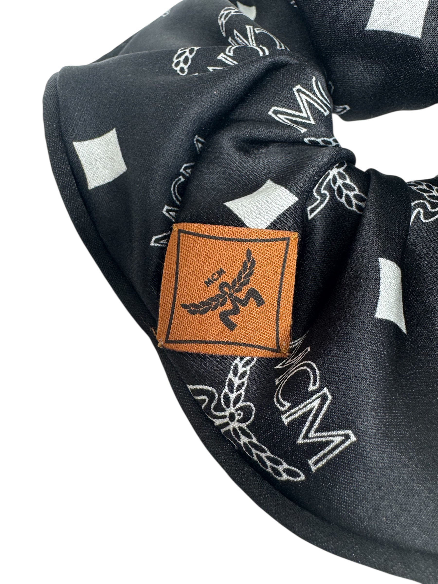 MCM Black Visetos Monogram Print Silk Hair Scrunchie (Full Set/Never Used)