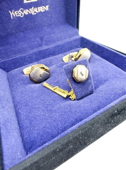 Yves Saint Laurent Two-Toned Cufflinks & Lapel Set